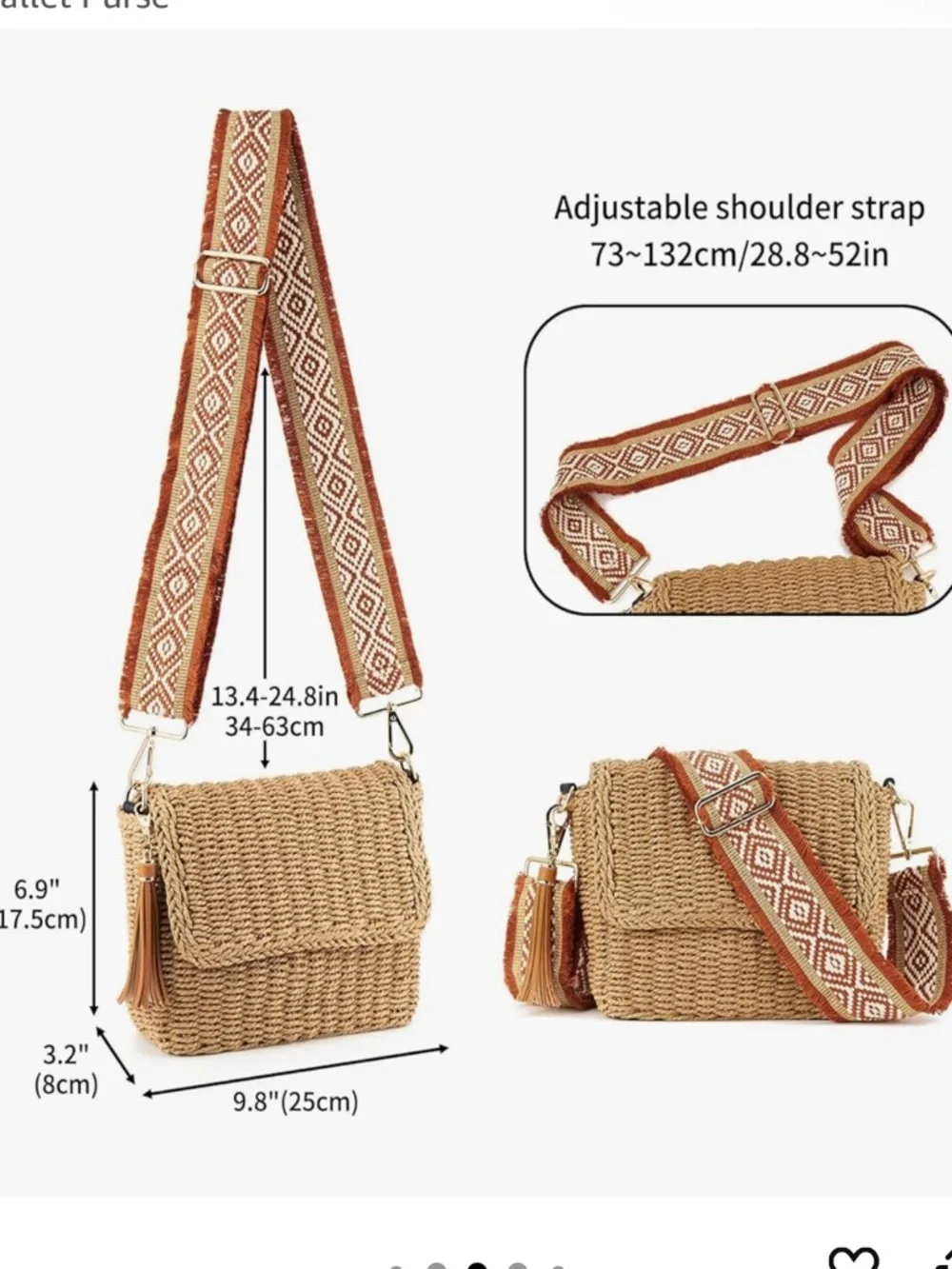 Women's Straw Braided Crossbody Bag in Natural with Patterned Strap - Picture 5 of 7